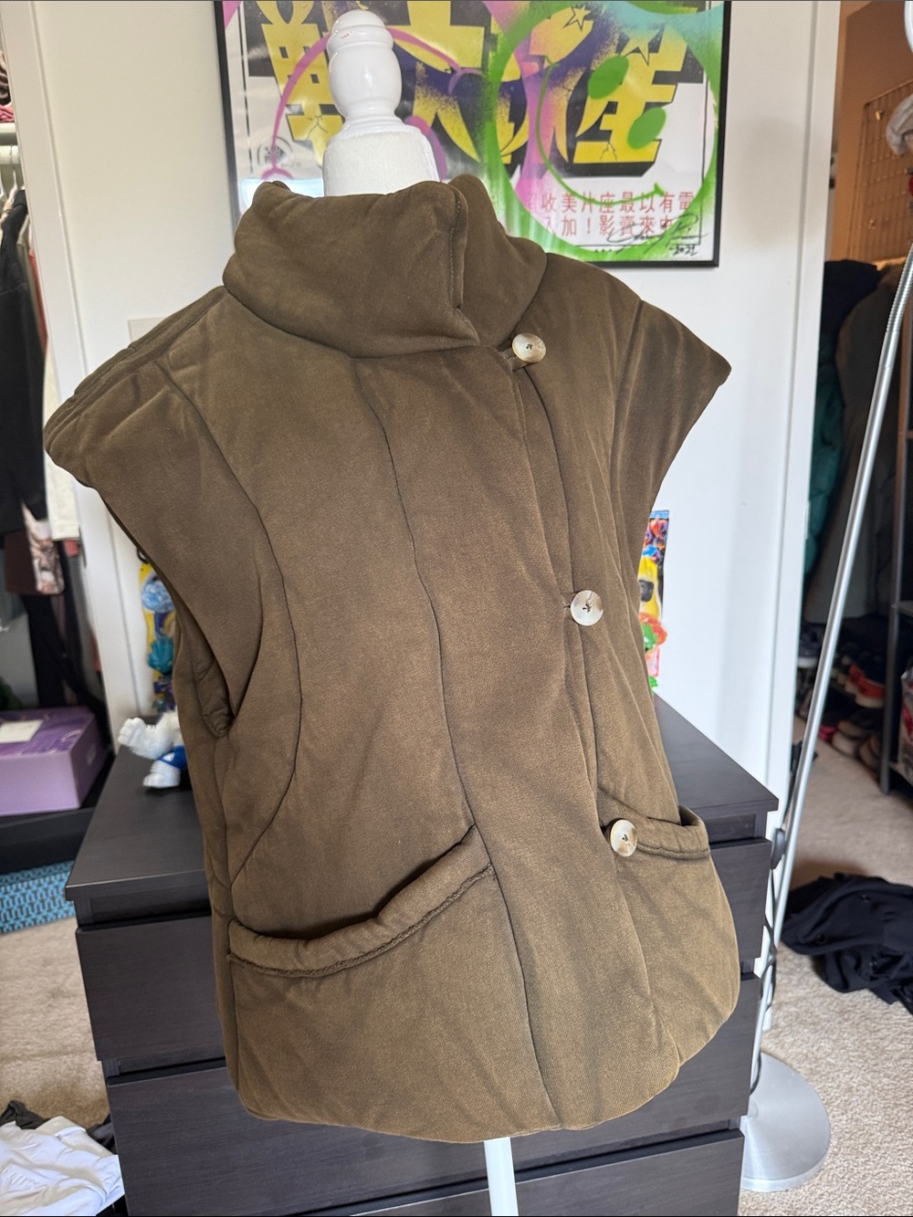 Free People Classic Quilted Sleeveless Coatigan in Olive Brown